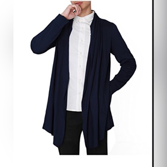 Black Shawl Collar Open Front Asymmetrical Cardigan Duster Pockets 44 M L NWT - Picture 3 of 10